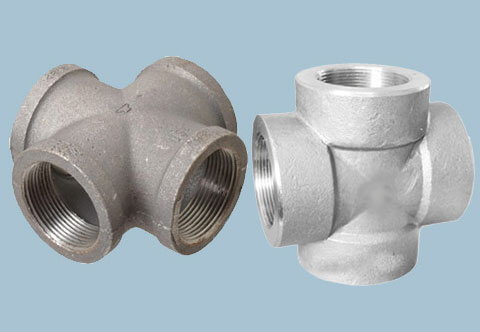 Two metal pipe fittings are shown on a blue background